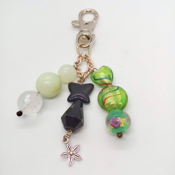 Beaded Bag Charm with Jade Beads Green and Black Glass Beads and a Flower Charm