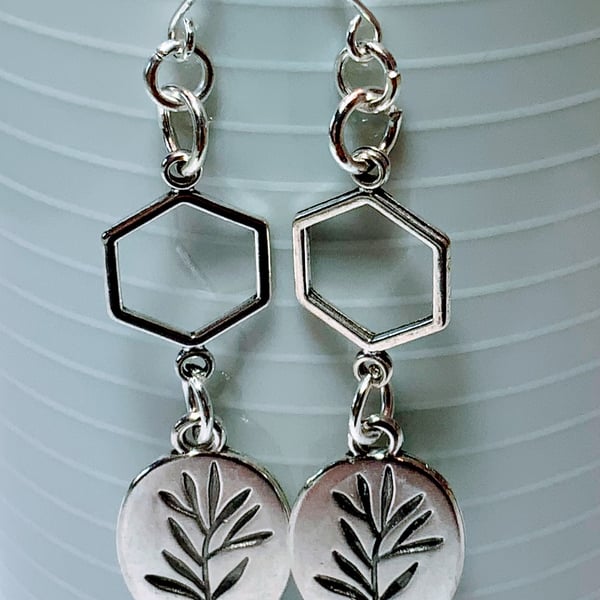Leaf Engraved Disc Charm Earrings