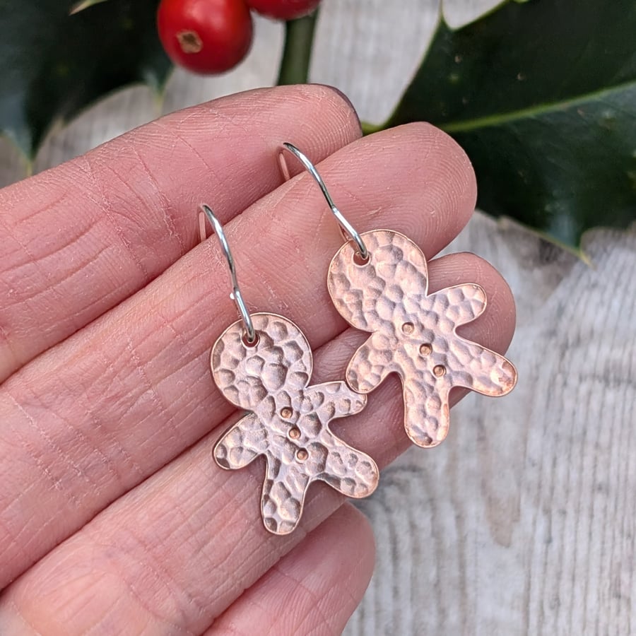 Copper Hammered Gingerbread Earrings - Festive, Christmas, Fun