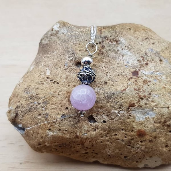 Pink Kunzite pendant necklace. Reiki jewelry uk. Bali Silver bead pendant. 10mm 