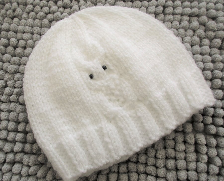 White Owl Beanie 3-6 months
