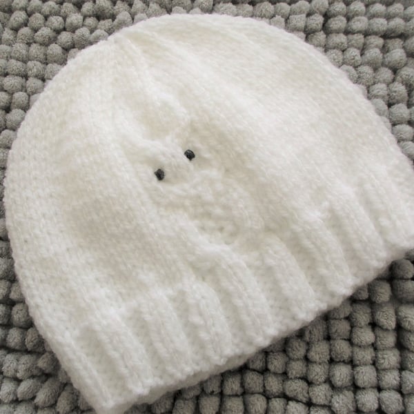 White Owl Beanie 3-6 months