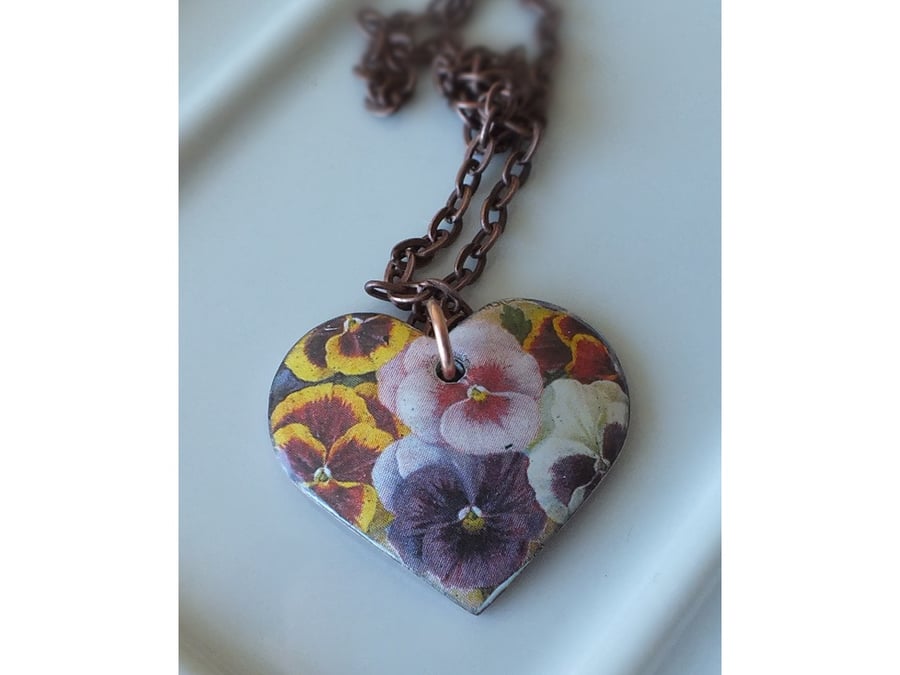 Pansies, heart shaped enamelled pendant