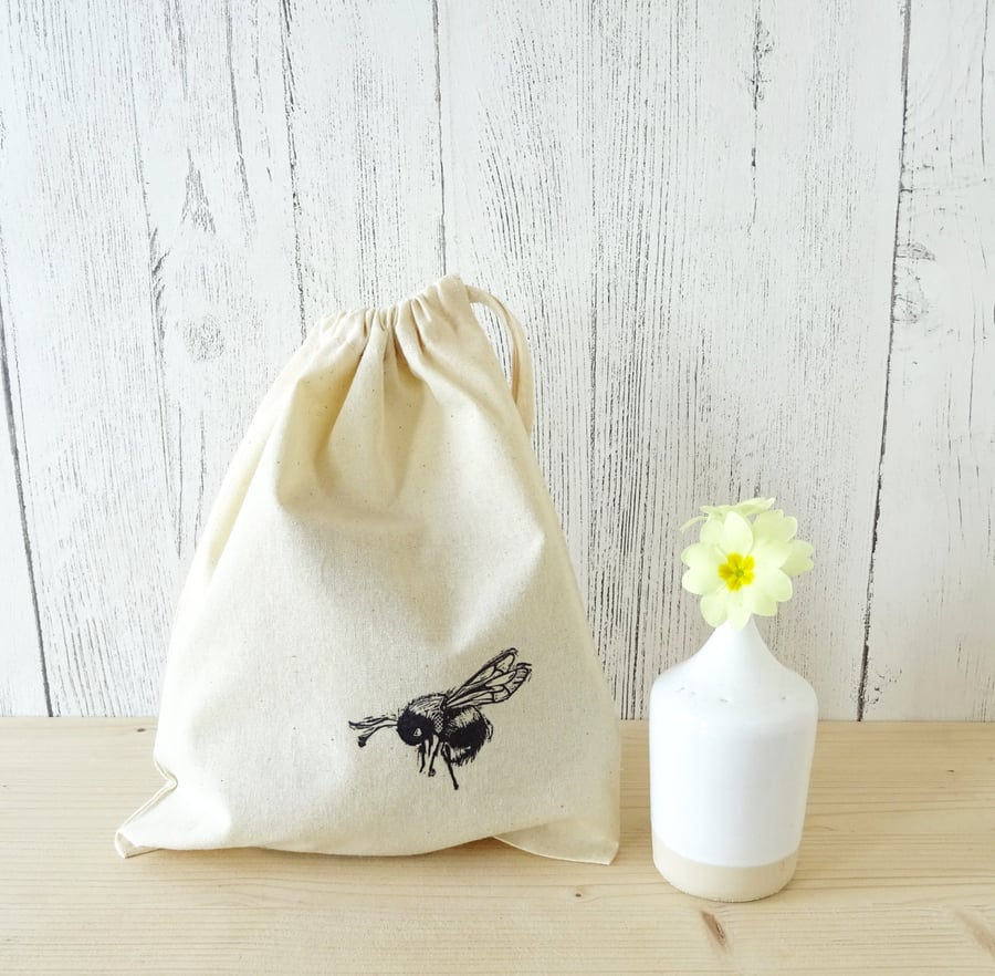Bee Natural Cotton Drawstring Bag, Produce, Gift, Party, Wedding