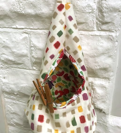 Squares Peg Bag, Canvas Peg Storage Bag, Floral Lined Peg Bag