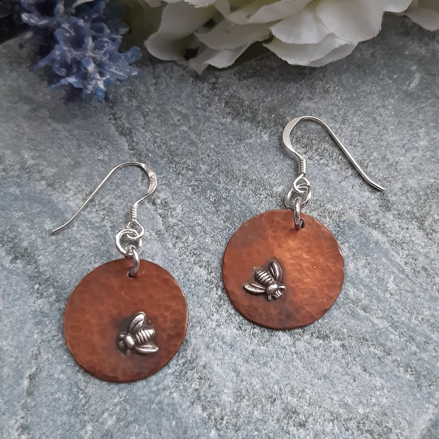  Bee Copper Round Earrings With Sterling Silver Ear Wires 