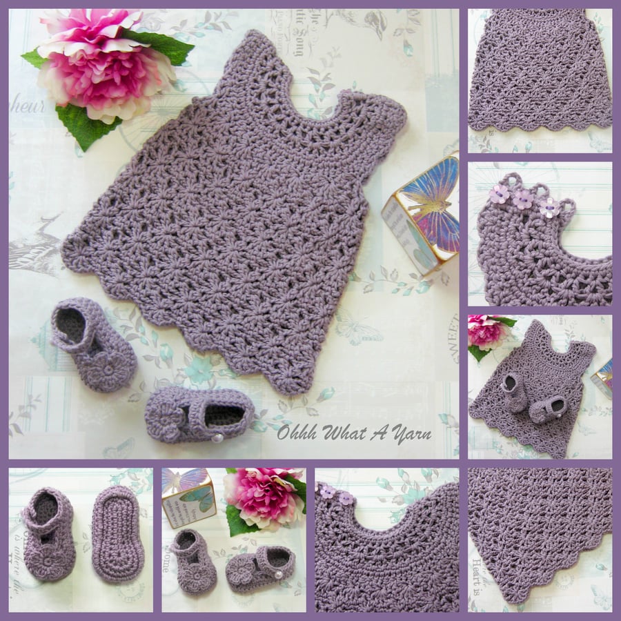 Crochet cotton lacy baby dress and shoes. Baby sun dress. 0-3 months