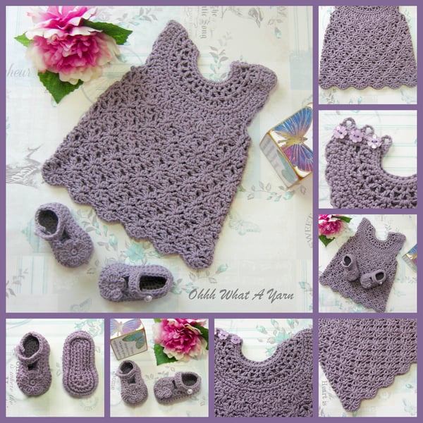 Crochet cotton lacy baby dress and shoes. Baby sun dress. 0-3 months