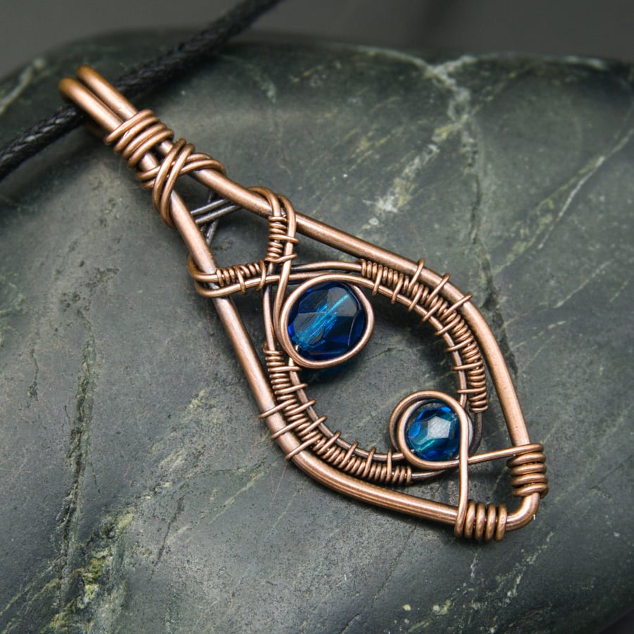 Copper Wire Weave Pointed Drop Pendant with Capri Blue Beads