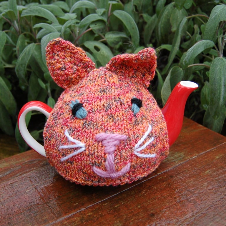 Hand Knitted Ginger Tabby Cat Tea cosy - for a small tea for one or two teapot 