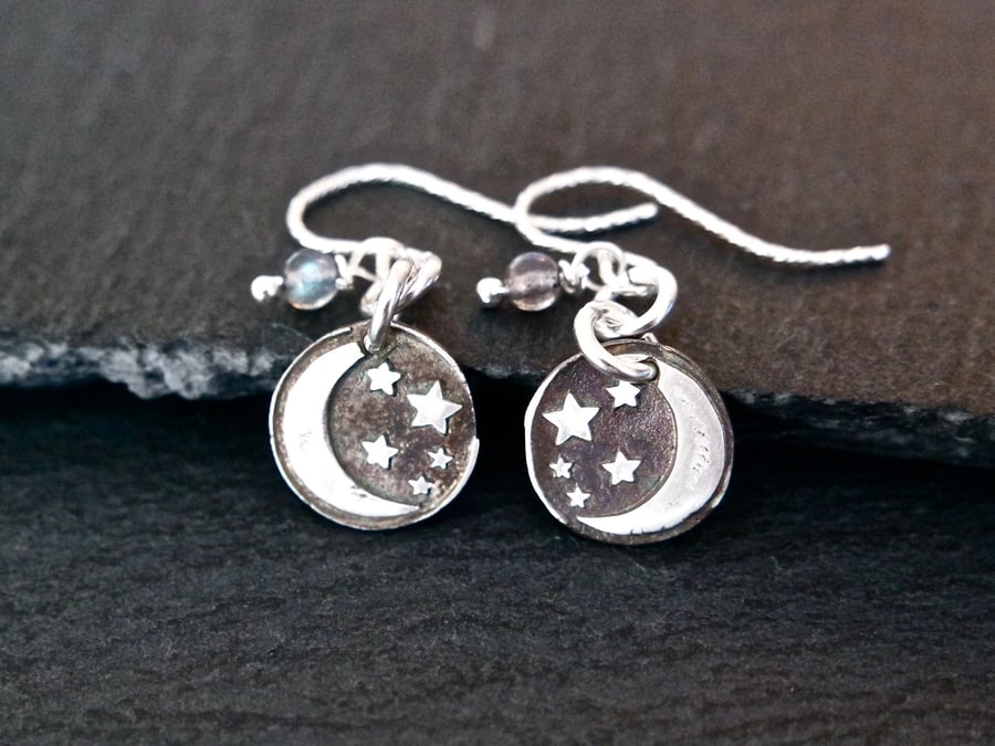 Moon stars silver earrings celestial labradorite silver clay sterling silver