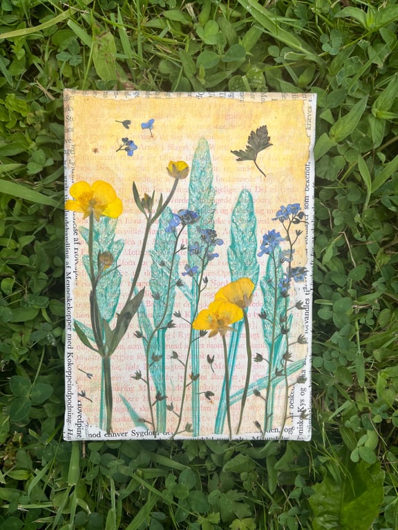Sunset Meadow - Original Gel Plate Print with Pressed Flowers