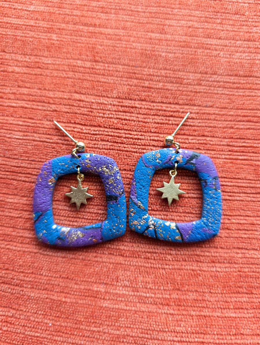 Purple patchwork framed star earrings 