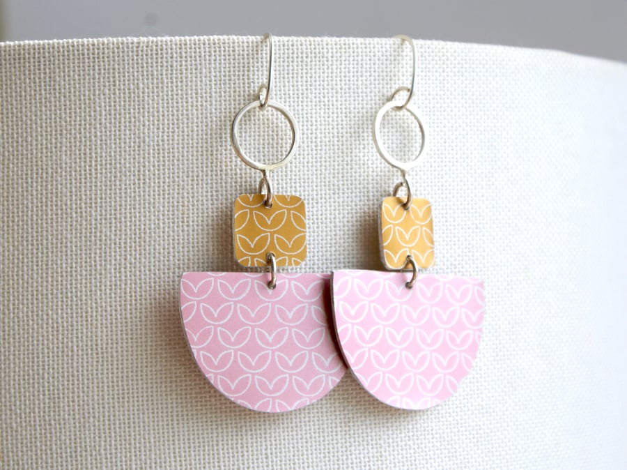 Statement dangle earrings pink and mustard