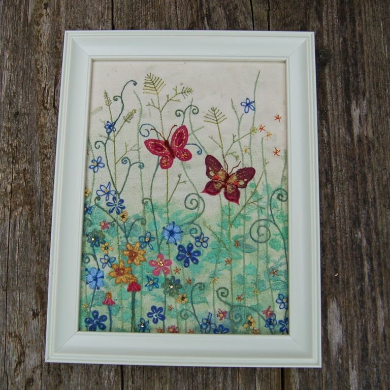 Meadow with Butterflies - hand stitched