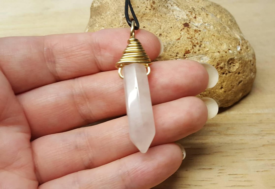Brass Wire Wrap Rose quartz point necklace. January birthstone. Reiki jewelry
