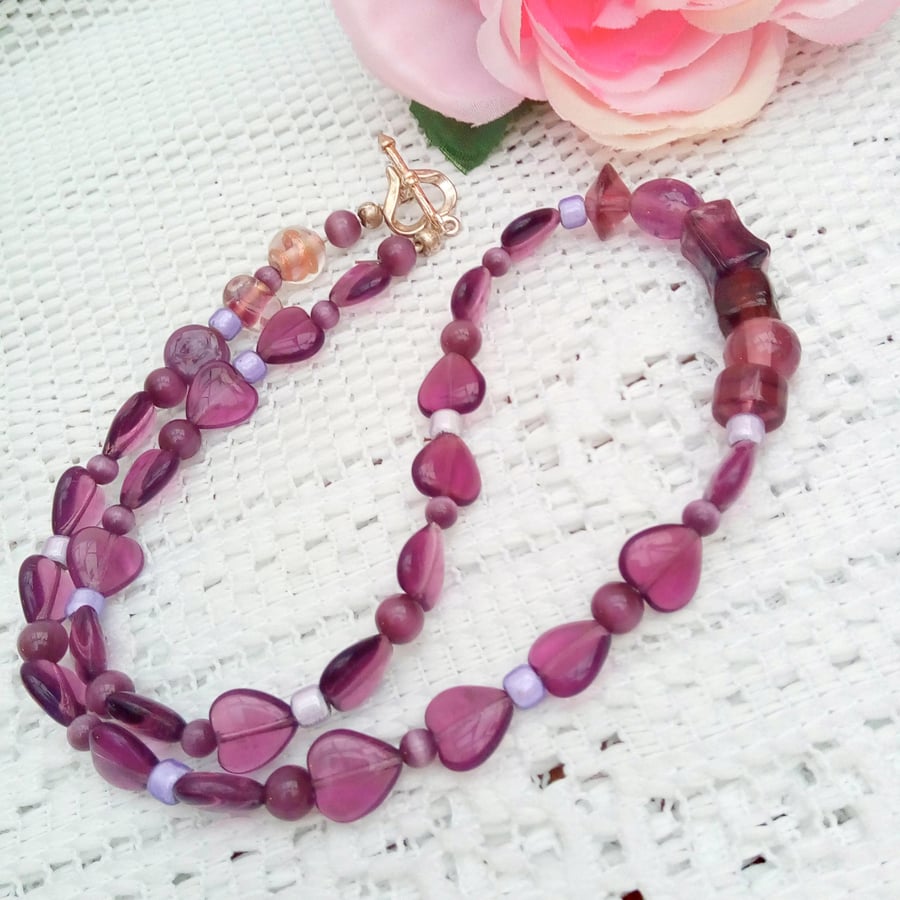 Purple Heart Beaded Necklace, Purple Necklace, Heart Necklace