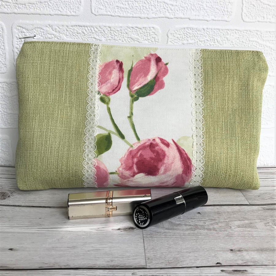 Large cosmetic bag, make up bag in green with pink Roses and lace