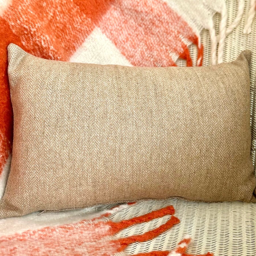 Tweed Scatter Cushion with Pad, Beige Herringbone 46x30cm