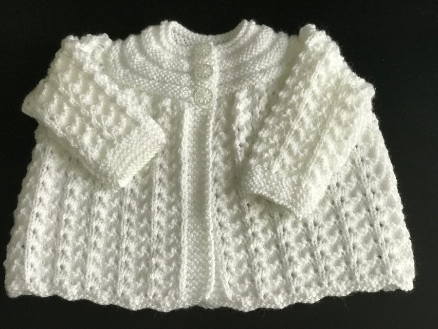 Hand Knitted White Matinee Cardigan, Fits 0 - 3 Months