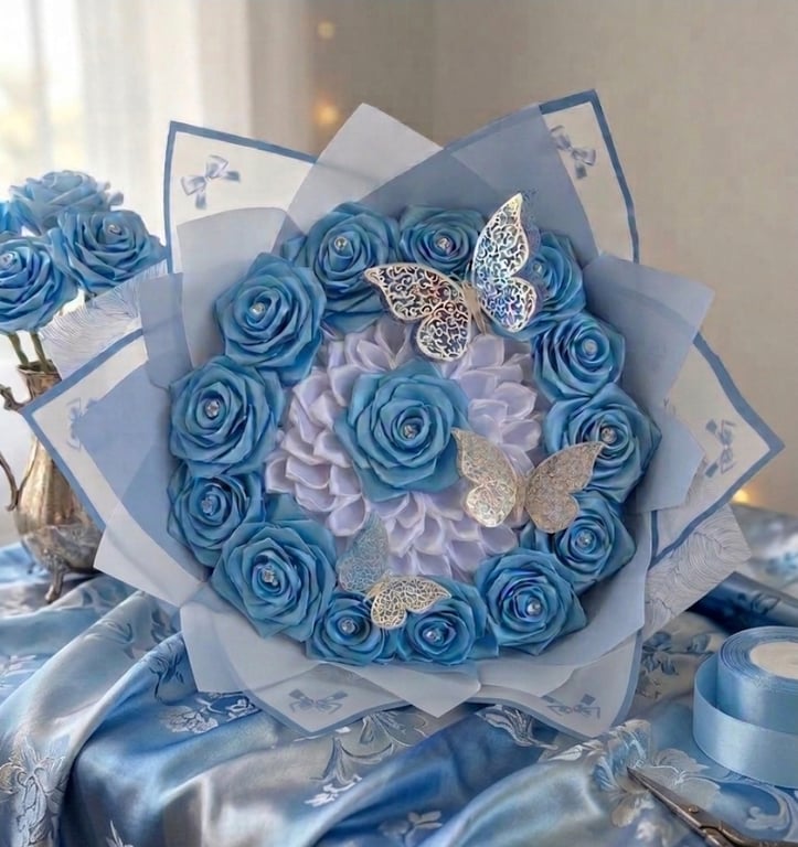 Handmade Blue Satin Ribbon Flower Bouquet, Forever Roses Wedding & Home Decor