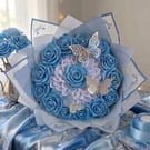 Handmade Blue Satin Ribbon Flower Bouquet, Forever Roses Wedding & Home Decor