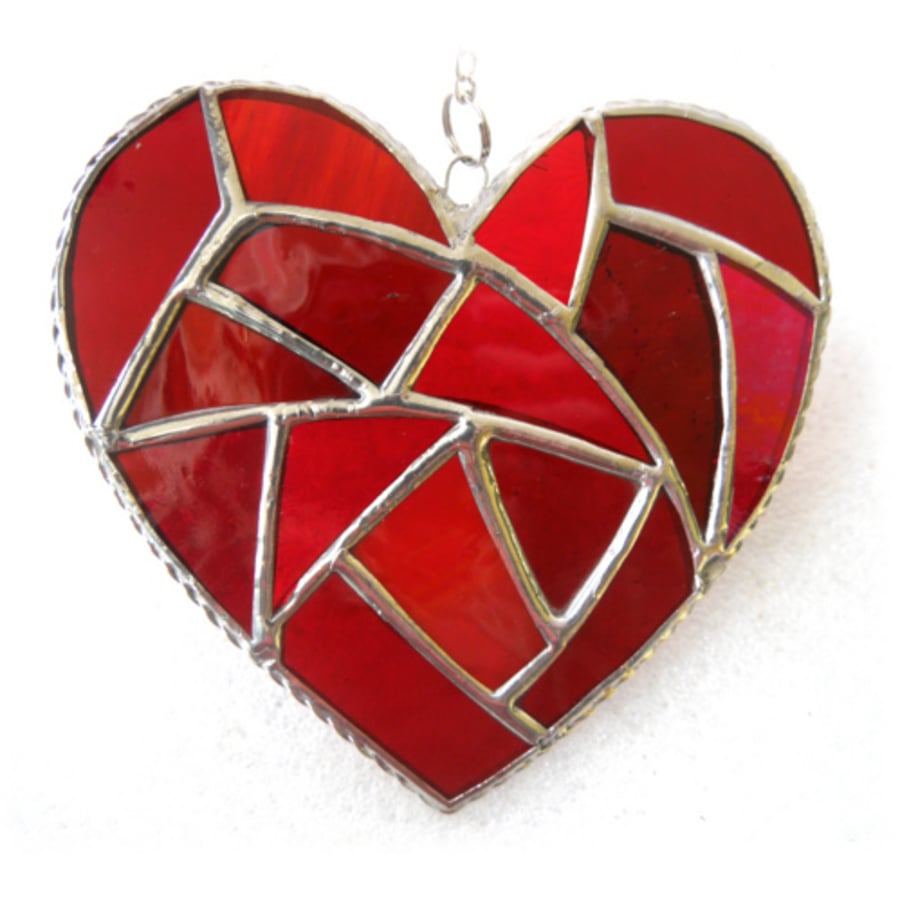 Fat Patchwork Heart Suncatcher Red Stained Glass Handmade 