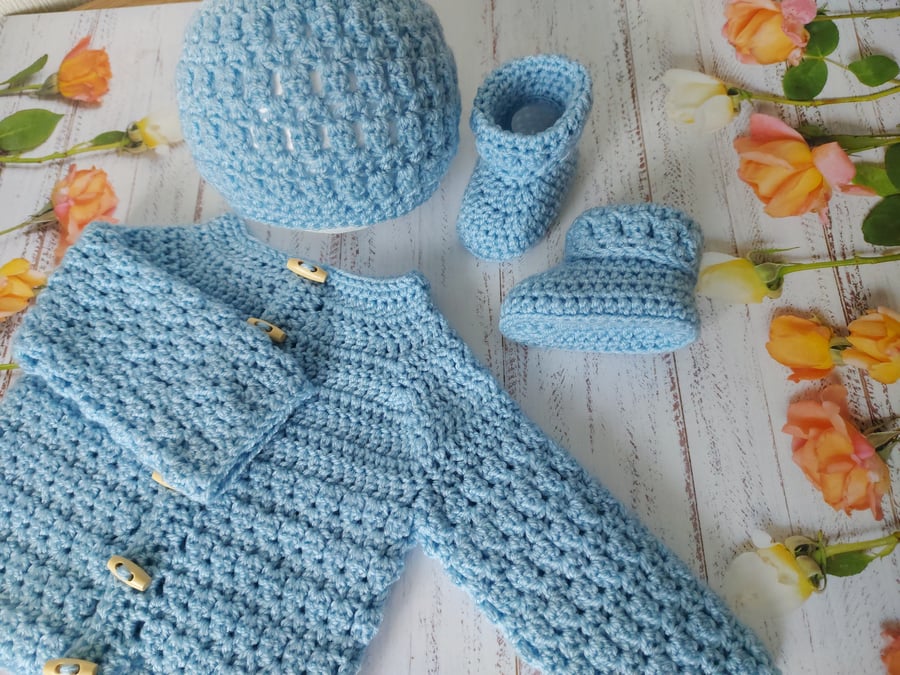 Blue Crochet Baby 0-3 Months Cardigan Bootie & Hat Gift Set 
