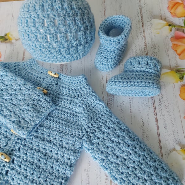 Blue Crochet Baby 0-3 Months Cardigan Bootie & Hat Gift Set 