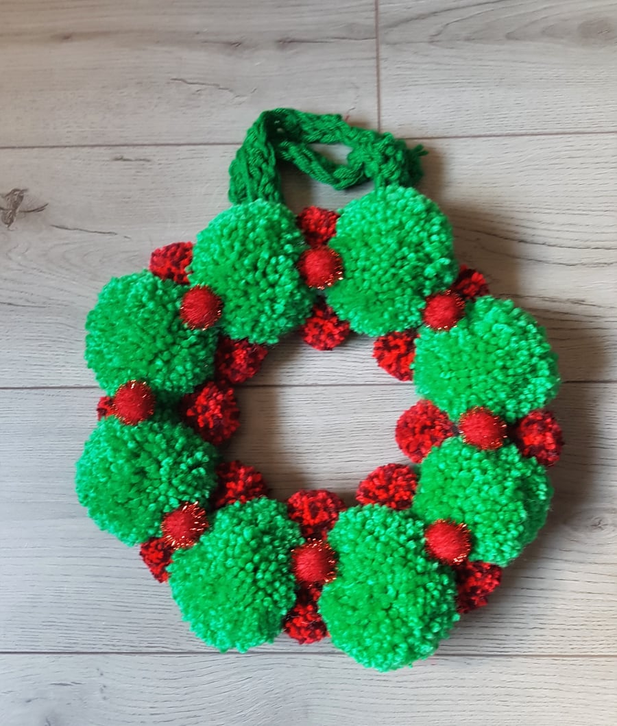 Green and Red Christmas Pom Pom Wreath 34 cms - 13 inches