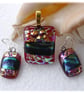 Dichroic Glass Pendant Earring Set 104 Red Band Sparkles with gold plated chain - Image 1