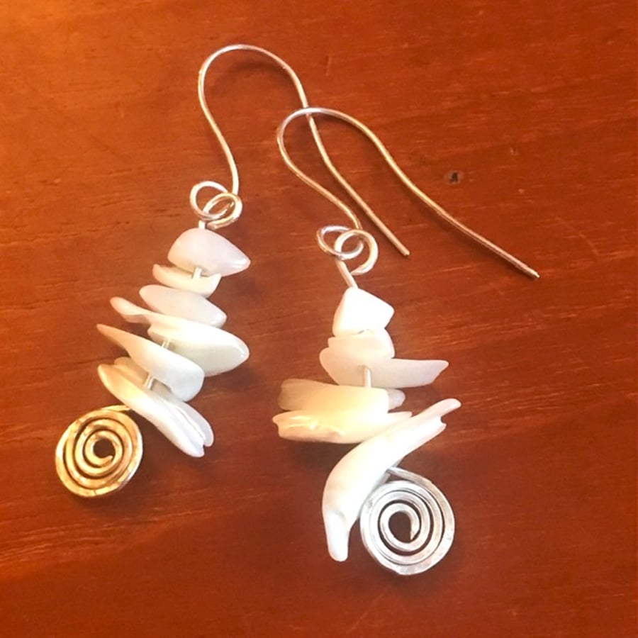 Sterling silver and mother of pearl chip dangle earrings with spirals