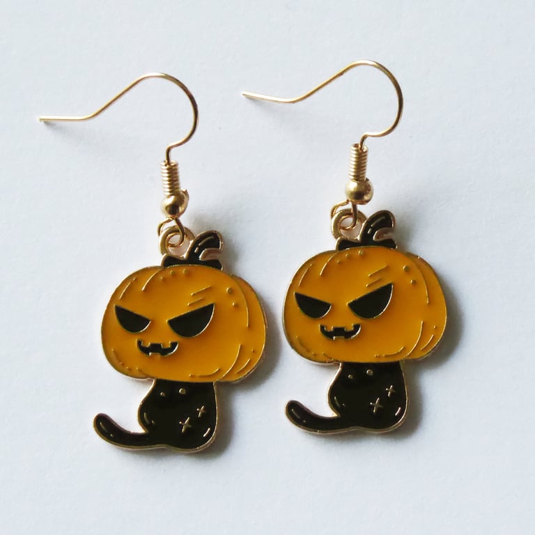 Enamelled Black Cat with Pumpkin Head Earrings and KC Gold Ear Wires
