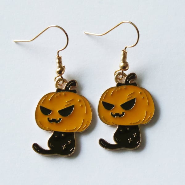 Enamelled Black Cat with Pumpkin Head Earrings and KC Gold Ear Wires