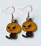 Enamelled Black Cat with Pumpkin Head Earrings and KC Gold Ear Wires