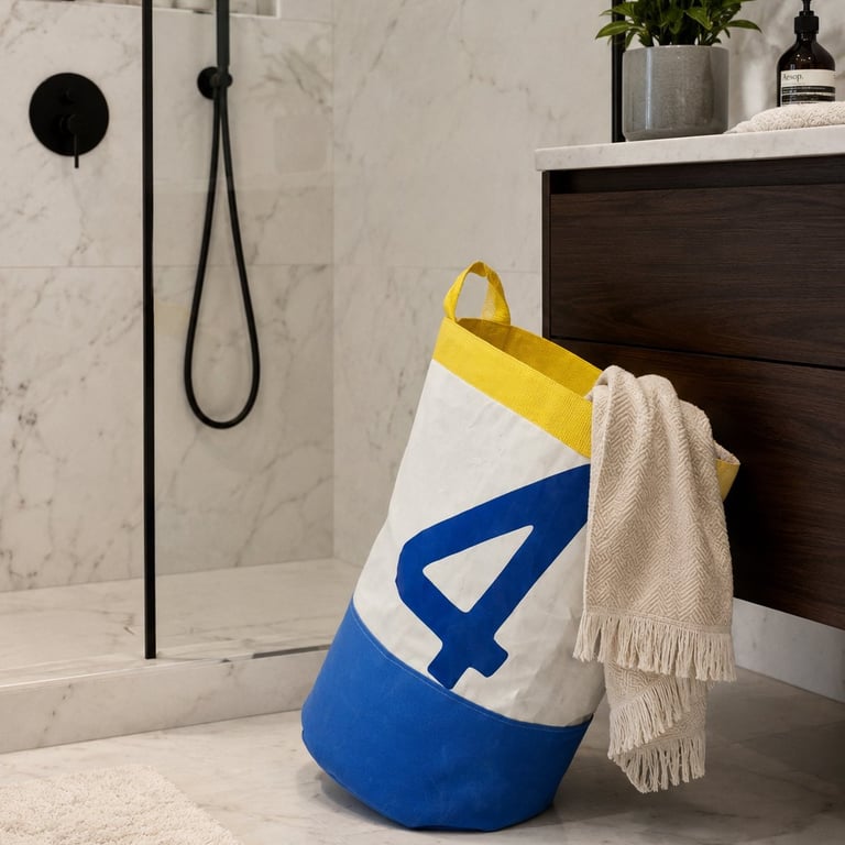 Upcycled Sailcloth Laundry Basket - Handmade Storage Bucket - Coastal Home Decor