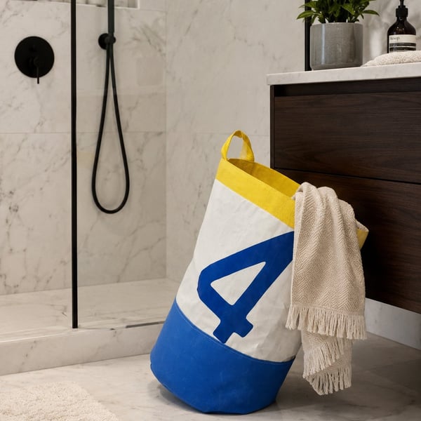 Upcycled Sailcloth Laundry Basket - Handmade Storage Bucket - Coastal Home Decor
