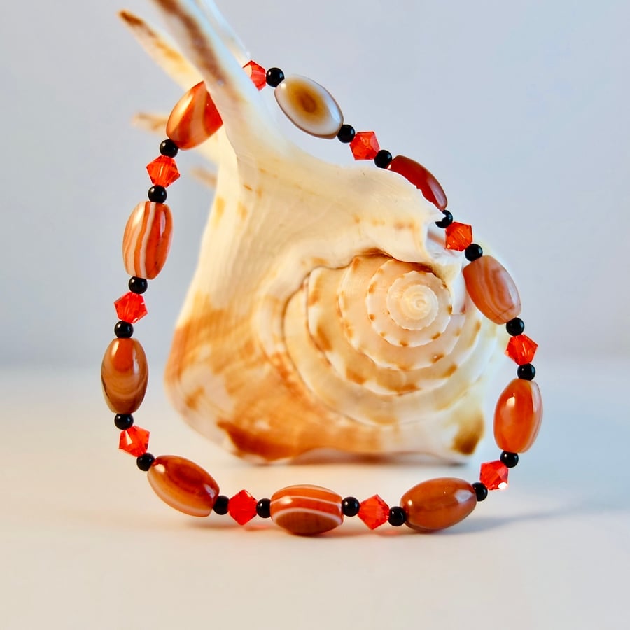 Banded Red Agate Bracelet With Swarovski Crystals - Handmade In Devon