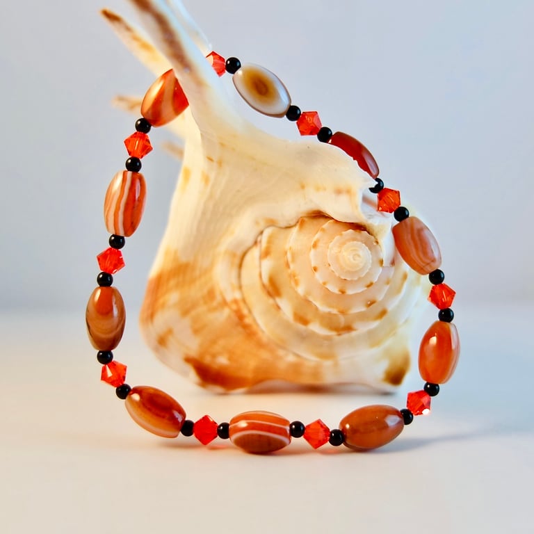 Banded Red Agate Bracelet With Swarovski Crystals - Handmade In Devon