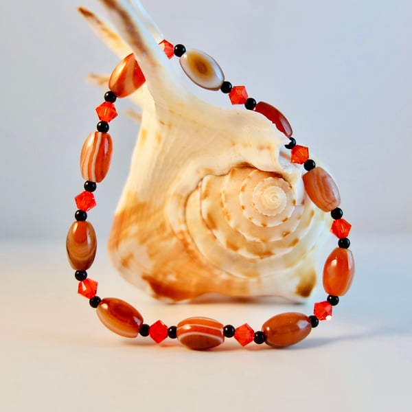 Banded Red Agate Bracelet With Swarovski Crystals - Handmade In Devon