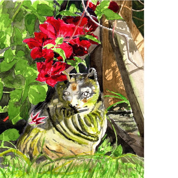 Scene in My Garden 5. Ornamental cat. Original watercolour painting.