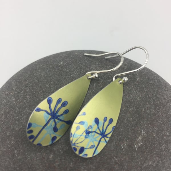 Lime green aluminium cow parsley drop earrings.