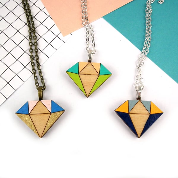 Crystal Diamond Geometric Wooden Necklace