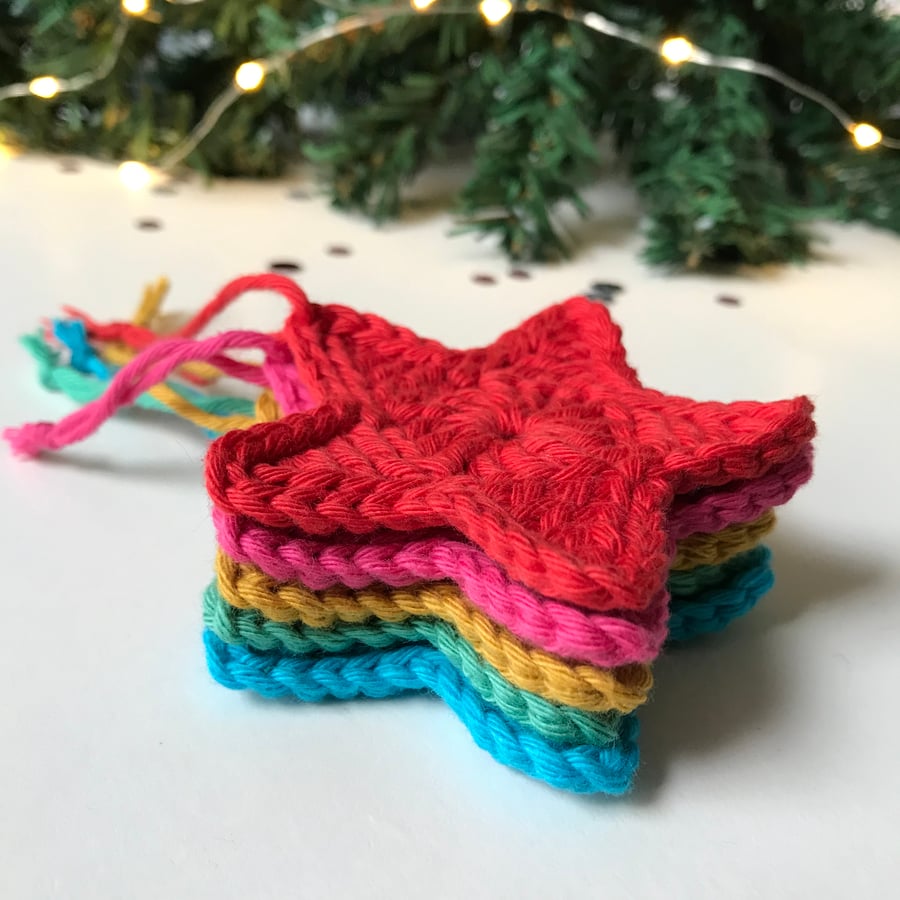 Crochet Star Bright Rainbow Tree Decorations - set of 5