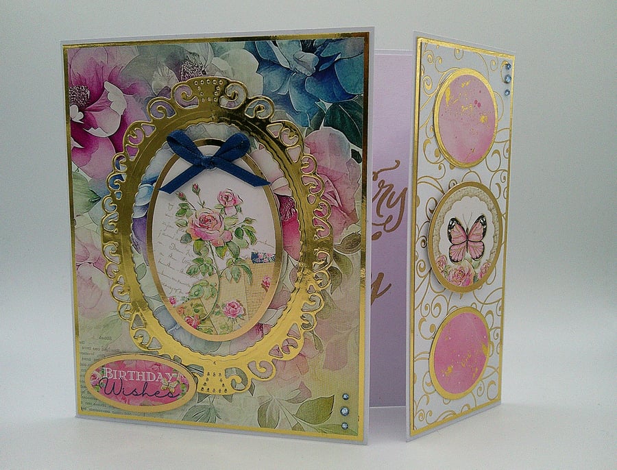 Birthday Wishes - Beautiful card featuring pink roses, script, & gold card