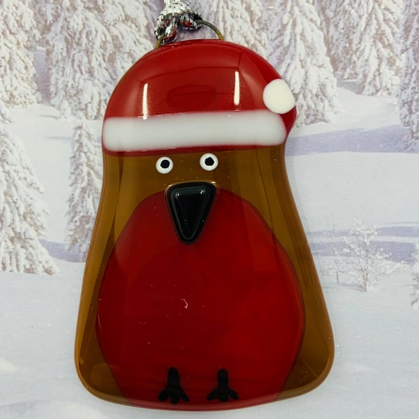 Handmade Fused Glass Robin Hanging Christmas Decoration 