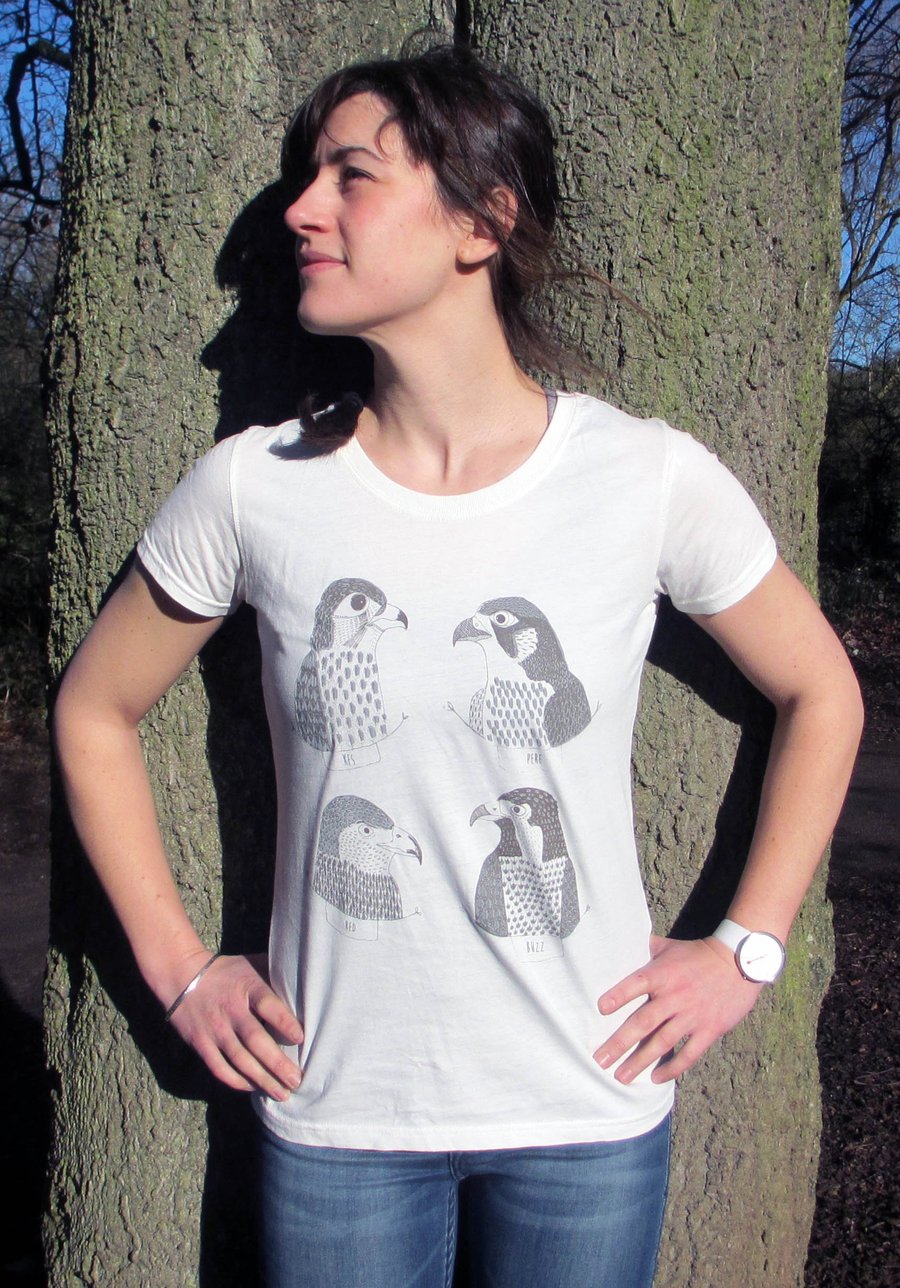 100% Organic Womens T-shirt, 'Birds of Prey' hand screen printed. SALE 