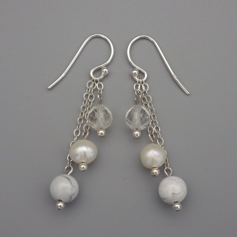 White pearl, rock crystal and howlite three tier round bead earrings
