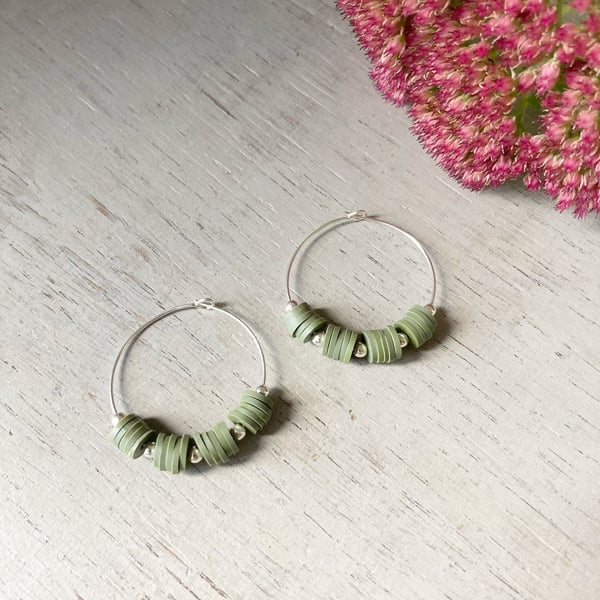 Sage Green Heishi Bead Hoop Earrings, sterling silver