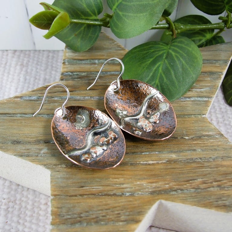 Earrings, Sterling Silver and Copper Night Landscape Scene Droppers
